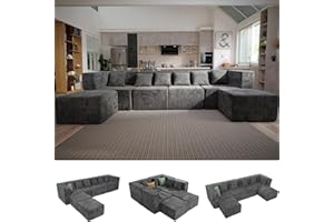 MONVANE Modular Sectional Cloud Couch for Living Room - 130'' 4 Seater Convertible Chenille Couches Set with Ottoman, No Assembly Compression Sofas, Comfy Floor Sofa with Memory Foam, Dark Grey