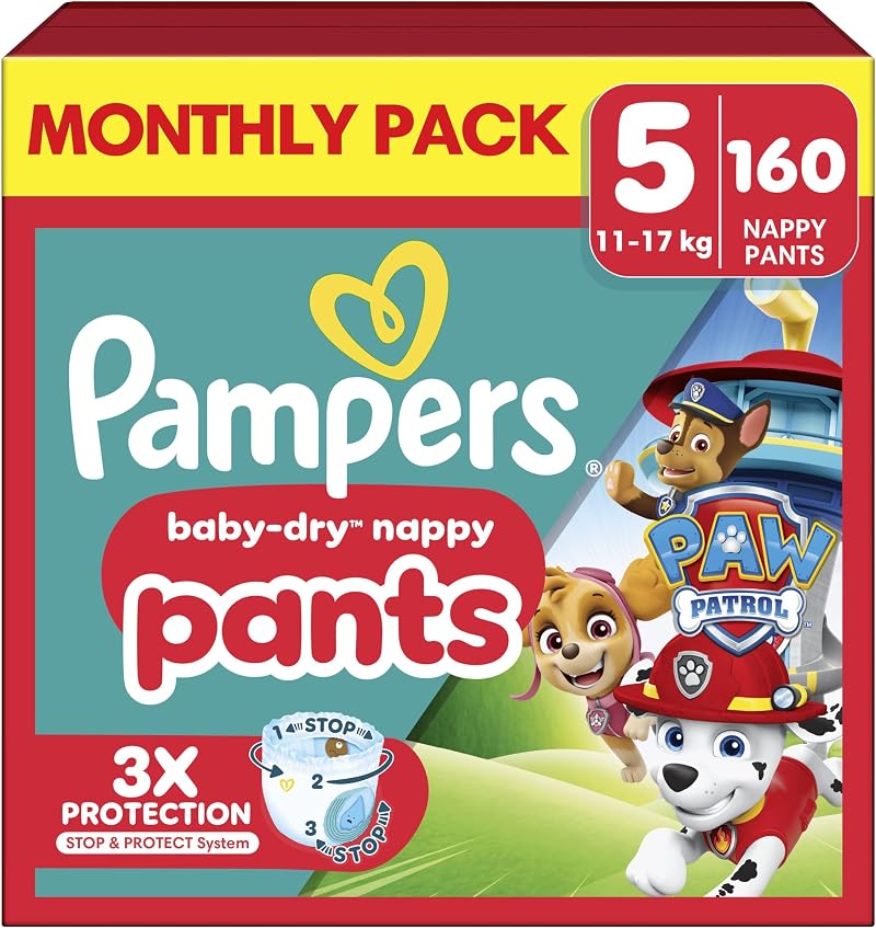 Pampers Baby-Dry Paw Patrol Pants Size 5 160 Nappies 11-17kg Monthly Pack