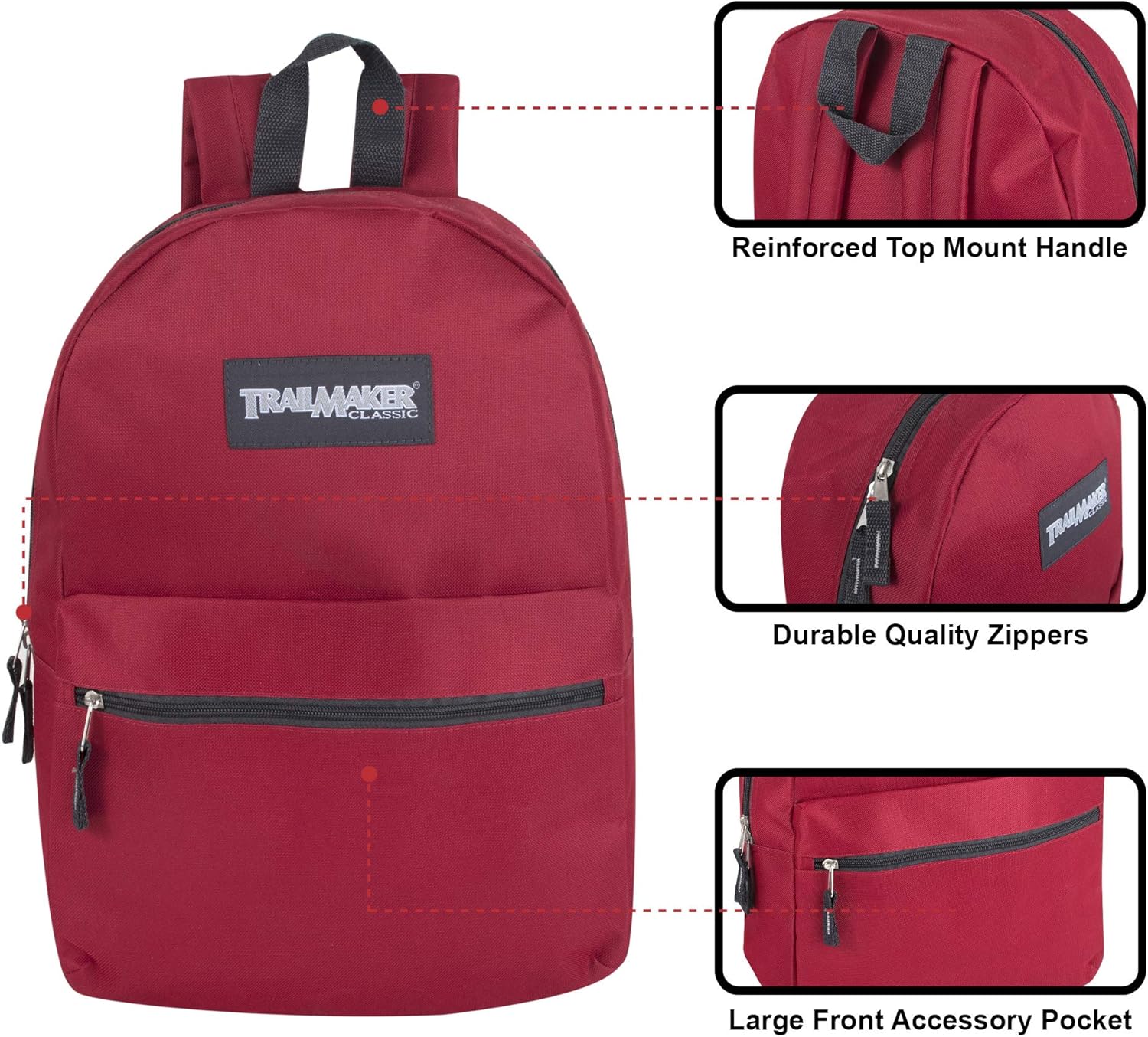 Trailmaker Classic 17 Inch Backpack with Adjustable Padded Shoulder Straps (Red): Clothing