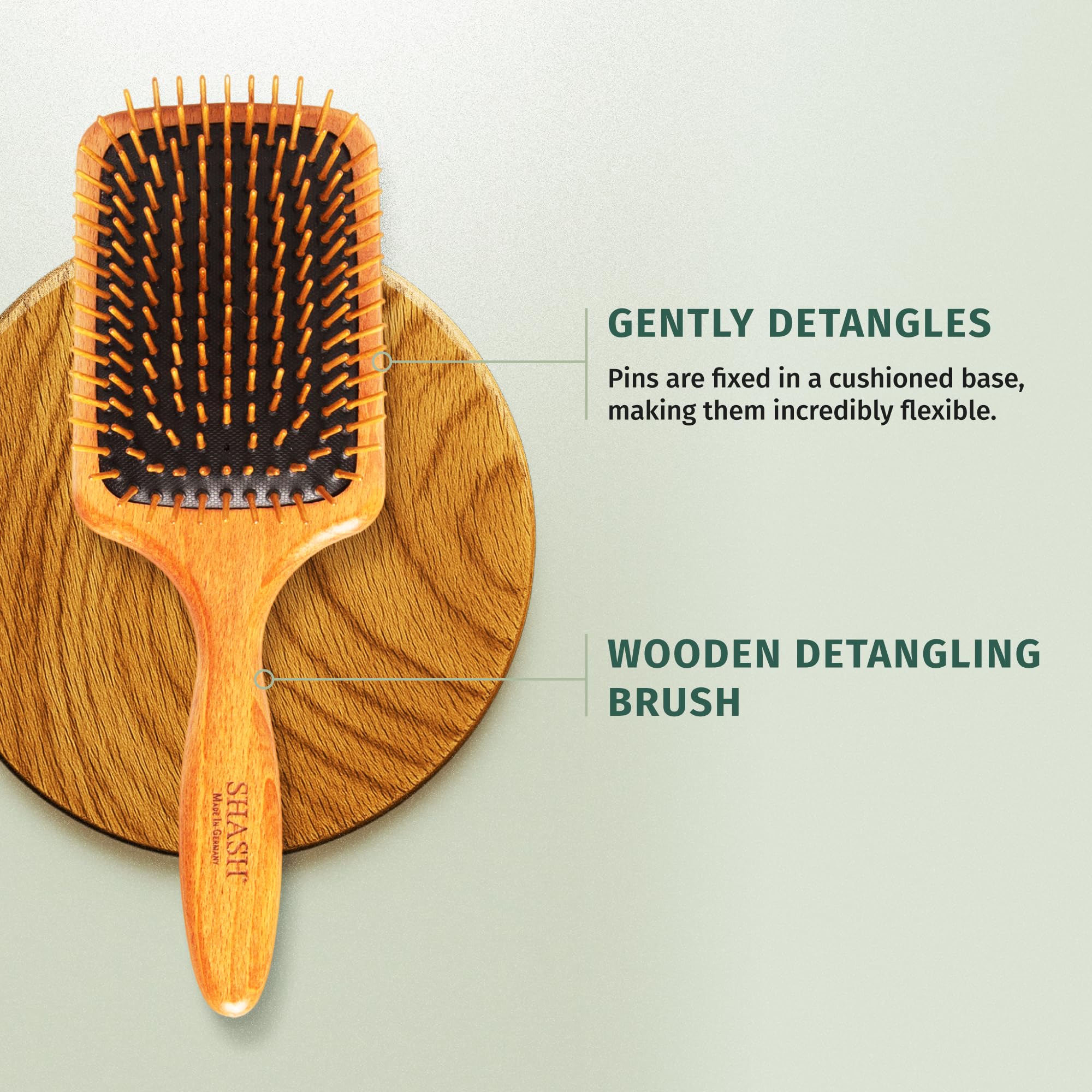 SHASH Since 1869 Made in Germany Wooden Paddle Brush - Gently Detangles, Styles, Conditions Hair with Minimal Frizz and Breakage - Safe for All Hair Types, Wet or Dry - Eco-Sourced Wood