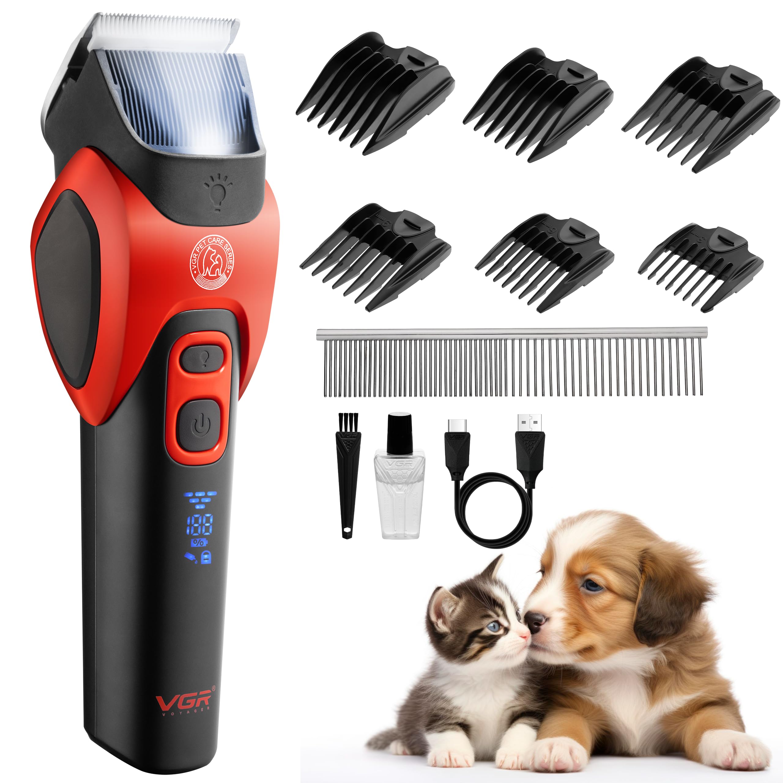 VGR Dog Clippers Cordless for Thick or Curly Coats - Pet Hair Trimmer with Ceramic Blades - Low Noise Grooming Kit for Cat with Matted Fur, Puppy, Poodle