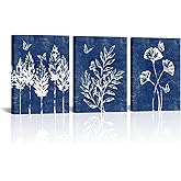 LyerArtork 3 Piece Navy Blue Botanical Canvas Wall Art Rustic Leaves Butterfly Painting Boho Minimalist Farmhouse Prints Modern Wall Decor for Home Bathroom Living Room Bedroom 12"x16"x3