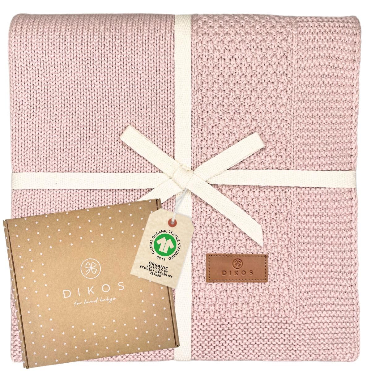 DIKOS GOTS Baby Blanket Organic Cotton Newborn Blanket Pram Cuddly Blanket Knitted Blanket Cuddly Blanket First Equipment Baby Girl Boy Newborn Baby Gifts Neutral (Dusky Pink)