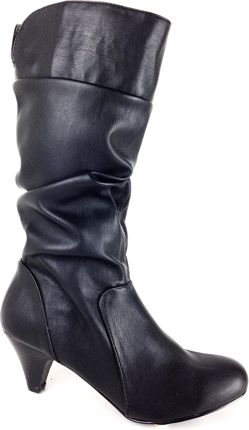 Ladies Low Mid Kitten Heel Knee High Stretch Boots with Inner Zip