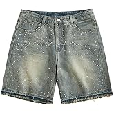 VIPWOLF Men's Jorts Y2k Sparkly Rhinestone Jean Shorts Summer Cruise Outfits Vintage Raw Trim Bermuda Denim Shorts