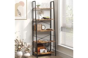Yusong Ladder Shelf, 5 Tier Ladder Bookshelf Unit Wood Bookcase with Metal Frame, Tall Storage Display Rack Plant Stand for L