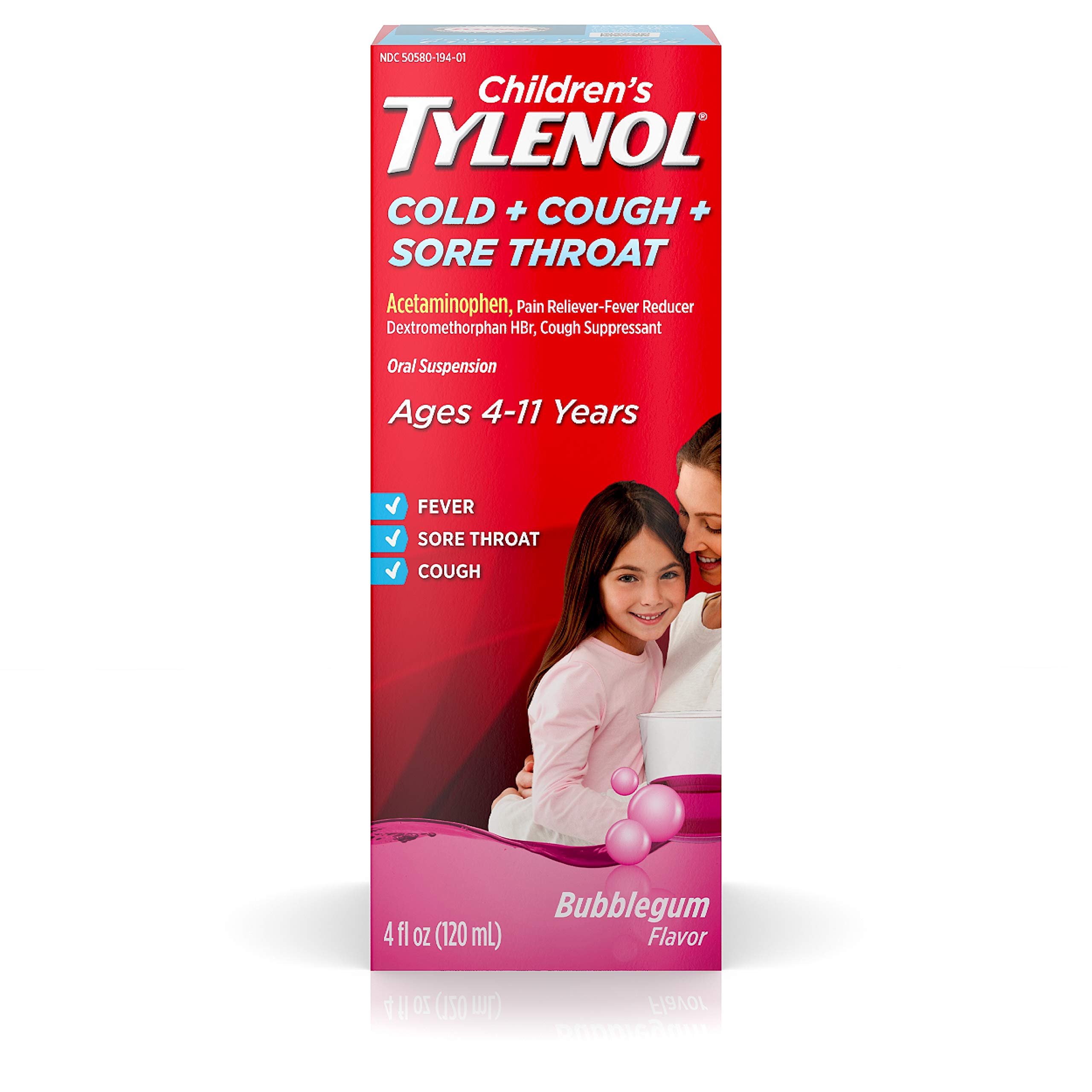 Tylenol Children's Cold, Cough, and Sore Throat Medicine, Bubblegum, 4