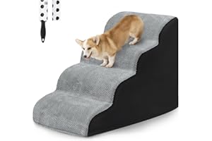 HAITRAL 4 Tiers Dog Steps Durable Pet Stairs,High Density Foam Dog Ladder Ramp for Bed or Couch,Non-Slip Dog Stairs for Short Leg Dogs,Older/Injured Pets,with Lint Roller 2 Refills Gray/Black