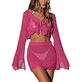 CUPSHE Women Crochet Swimsuit Cover Up Set Long Sleeve 2 Piece Summer Bathing Suit Beach Outfit