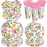 Suhelkit Lemon Party Decorations Tableware For Girls, Summer Pink Lemon Birthday Party Supplies, Disposable Paper Plate, Napkin, Cup, Cutlery, for Birthday Baby Shower Bridal Shower, 24 Guests