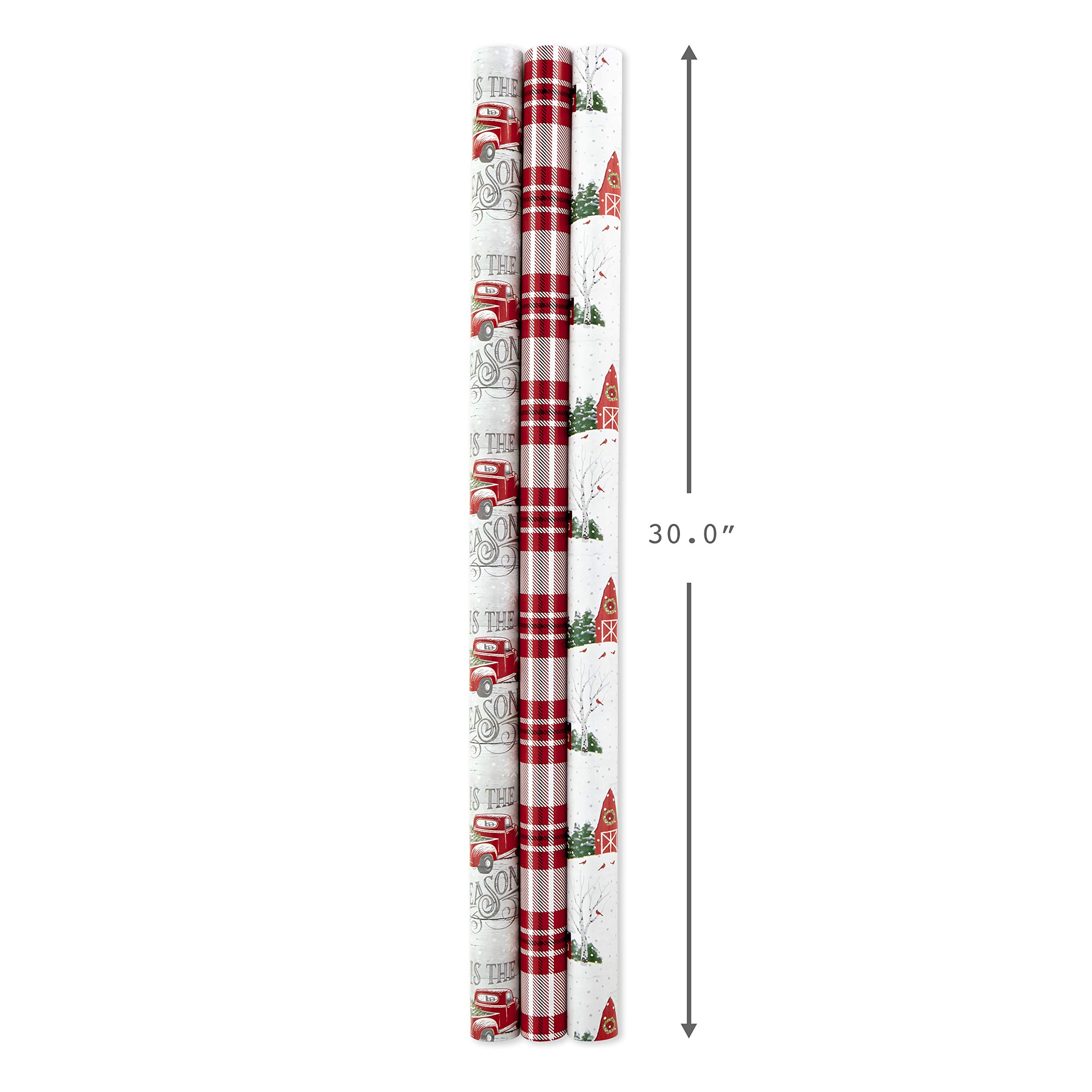 Hallmark Holiday Wrapping Paper Rolls - Rustic Christmas Gift Wrap Paper (Set of 3 Reversible Rolls: 120 sq. ft. ttl.) Plaid, Barn, Red Truck, Moose, Woodland Scenes