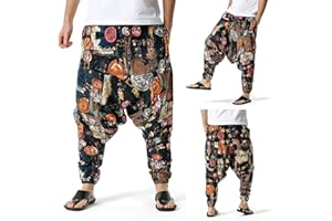 TMJSPOYOU Mens Cotton Baggy Hippie Boho Gypsy Aladdin Yoga Harem Pants Casual Drop Crotch Trouser Elastic Waisted Yoga