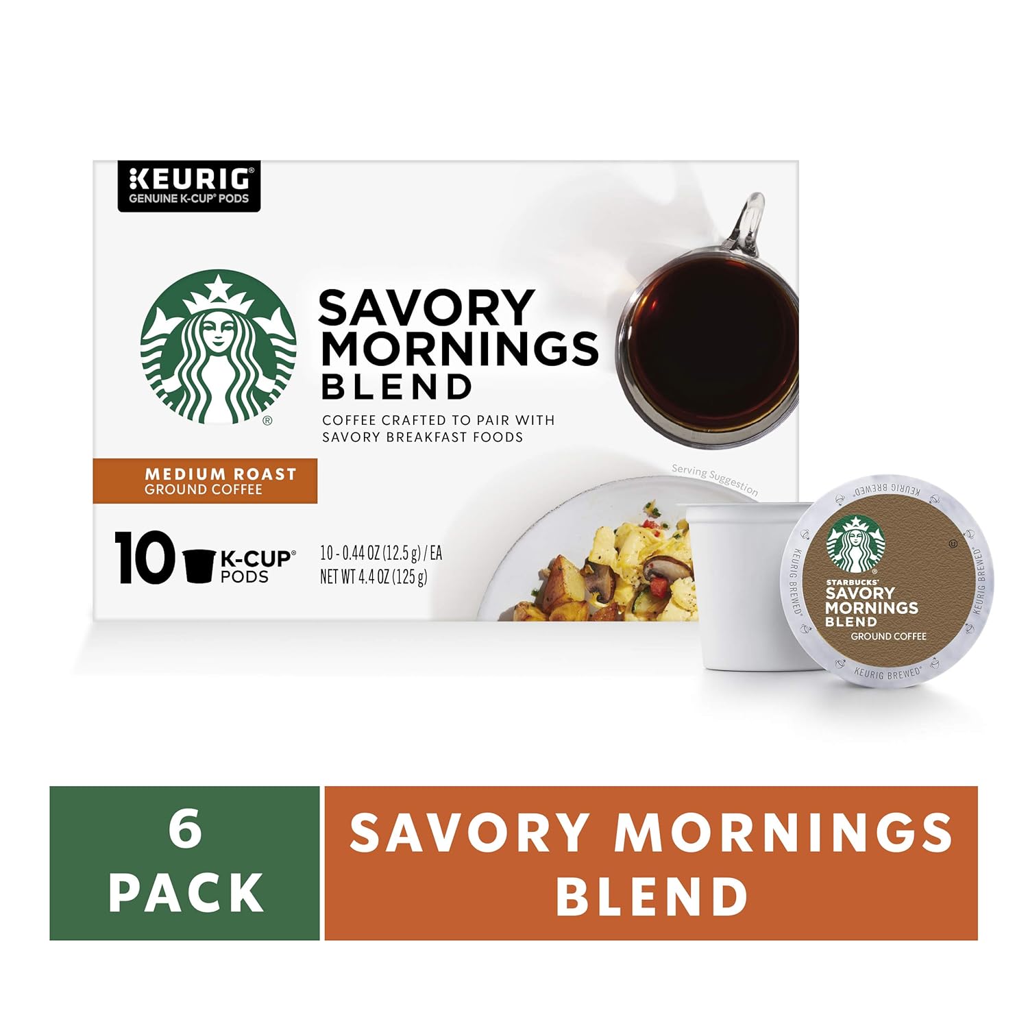 Starbucks Medium Roast K-Cup Coffee Pods — Savory Mornings Blend for Keurig Brewers — 6 boxes (60 pods total)