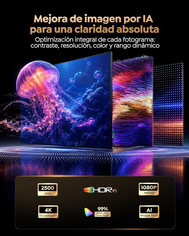 Proyector 4K | 2500 ANSI Ultra Brillante | VIDAA OS Rápido y Fluido | Dolby Audio 56W | Proyector Exterior para Cine Jardín, FHD 1080P Nativo, Enfoque Automático IA, HDMI 2.1, HDR10, Cine en Casa — foto 7 de 8