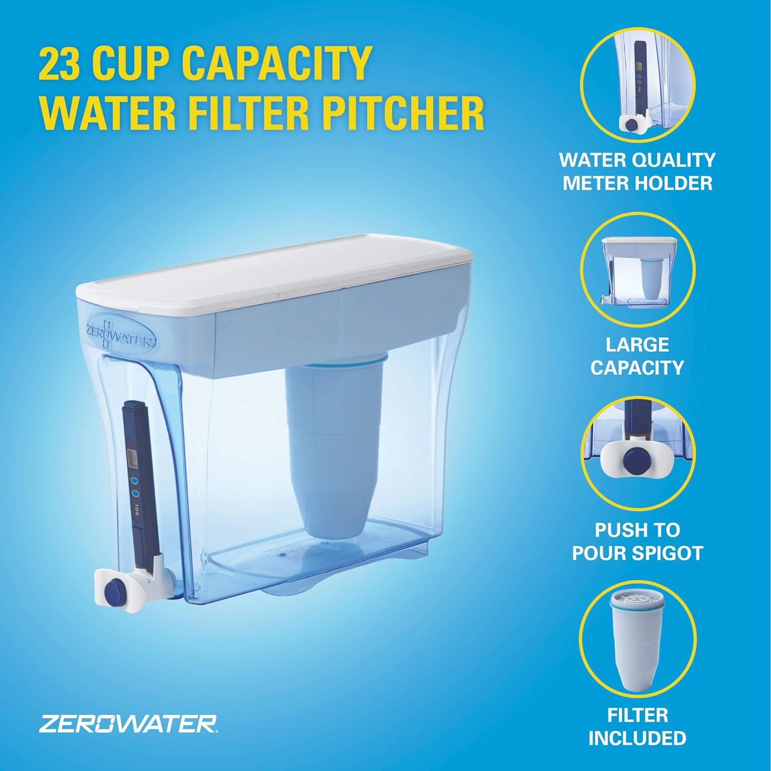 ZeroWater ZD-018 ZD018, 23 Cup Water Filter Pitcher with Water Quality Meter: Pitcher Water Filters: Kitchen & Dining