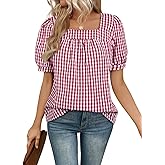 EVALESS Tops for Women Short Sleeve Tunic Blouse Square Neck Gingham Tops Cotton Blend Plaid Shirt Cute Checkered Shirt