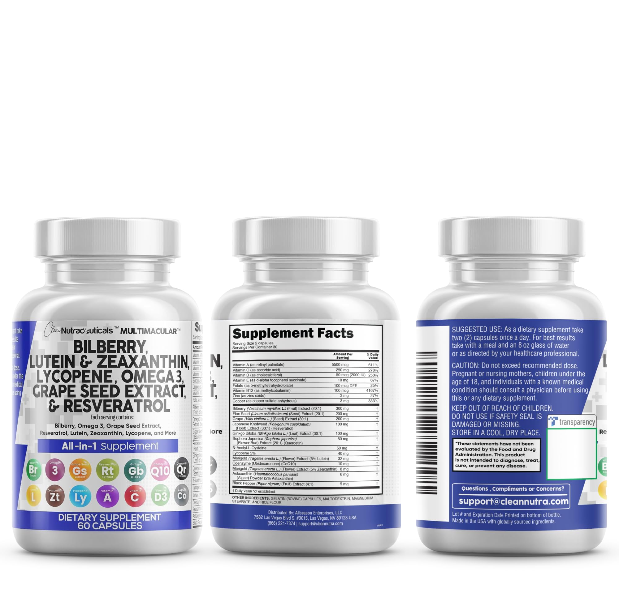 Clean Nutra Eye Vitamins with Bilberry Lutein and Zeaxanthin Supplements Lycopene 40mg Resveratrol Grape Seed Astaxanthin for Eyes - Eye Care Health Support Eye Vitamin and Mineral Supplement