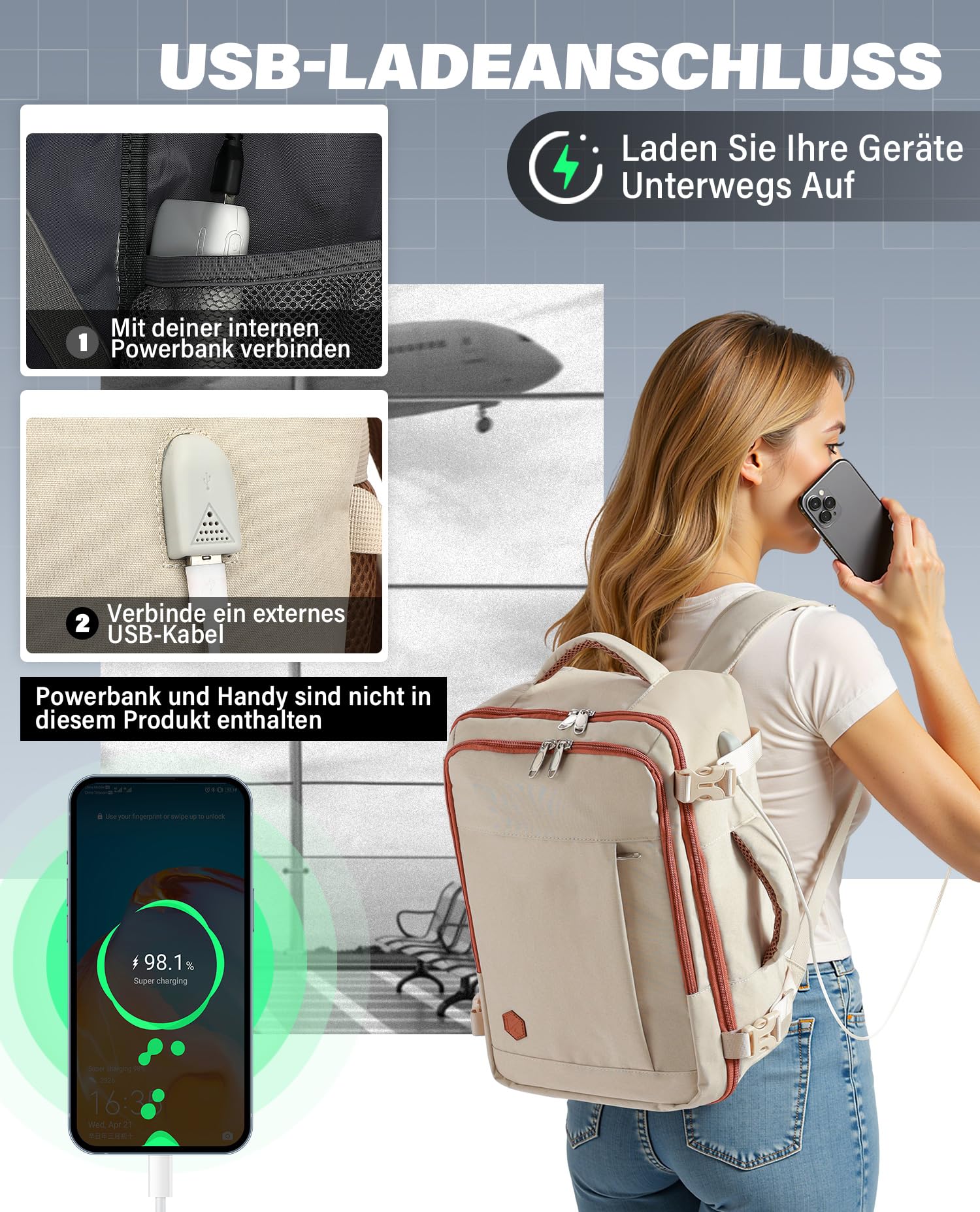 VANKEV für Easyjet Handgepäck 45x36x20 Laptop Rucksack Reiserucksack Handgepäck Tasche Rucksack 15.6 Zoll Laptop Backpack für Herren Damen Beige 7