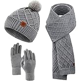 YARIEW Winter Hat Scarf and Gloves Set for Women, Warm Knitted Beanie with Pom Pom, Soft Ear Warmer Scarf, Warm Gloves