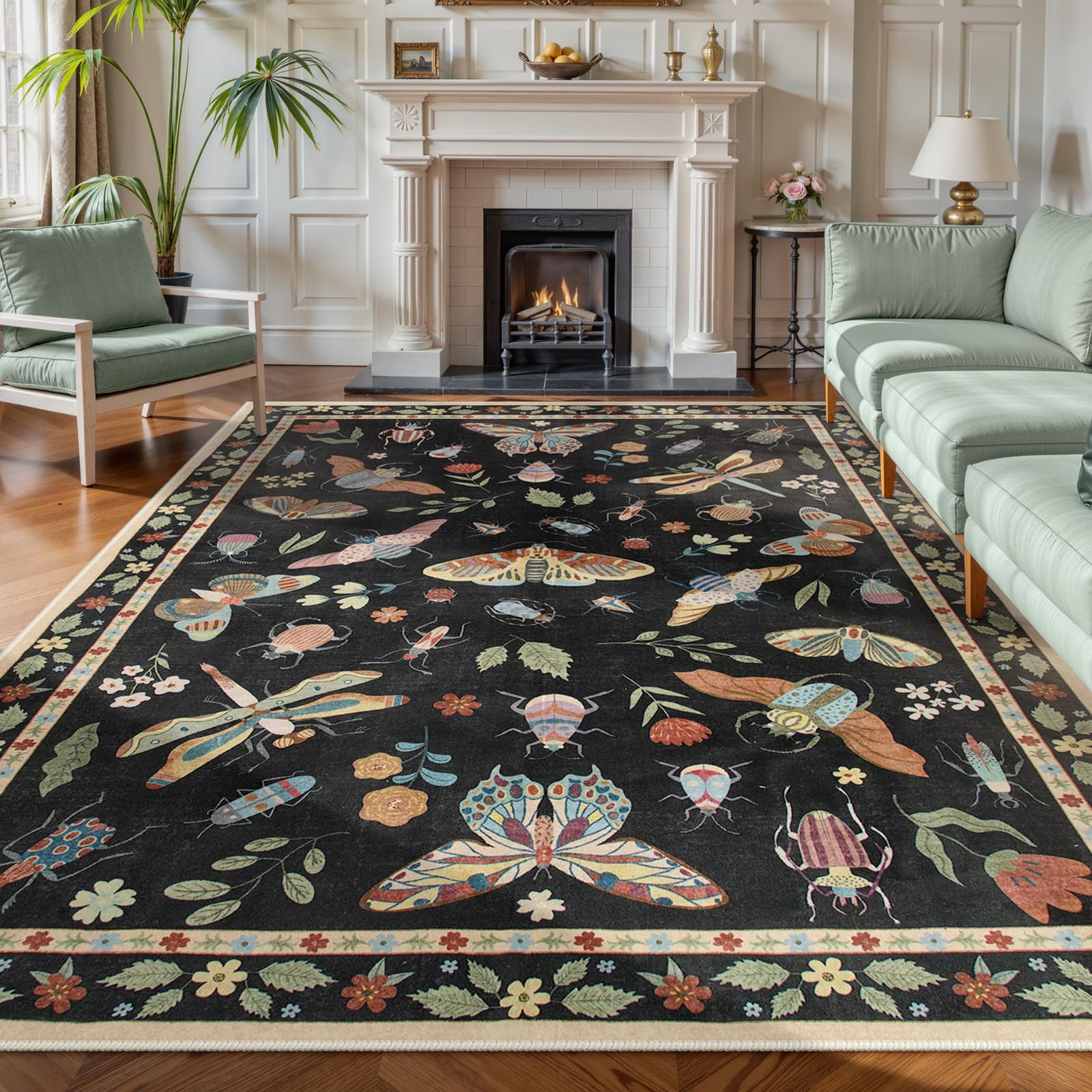 Lahome Insect Area Rugs 8x10, Non Slip Washable Rugs for Living Room 8x10 Rug, Soft Modern Bedroom Rug Under Bed Ultra-Thin Large Carpet for Dining Room Office Playroom, Black Image