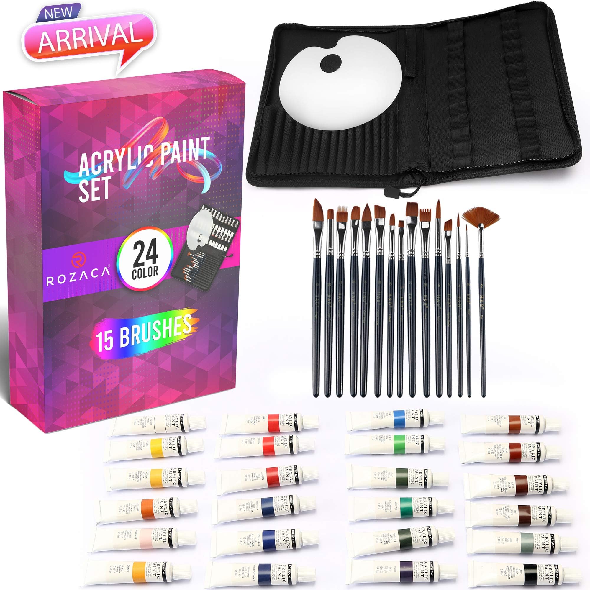ROZACA Acrylic Paint Set with Brushes - 40pc Acrilic Paints Set - 24 Colors Acrylic Paint Sets for Adults - Canvas Painting Kit - Oil Paint Brushes - Acrylic Paint Brush Set