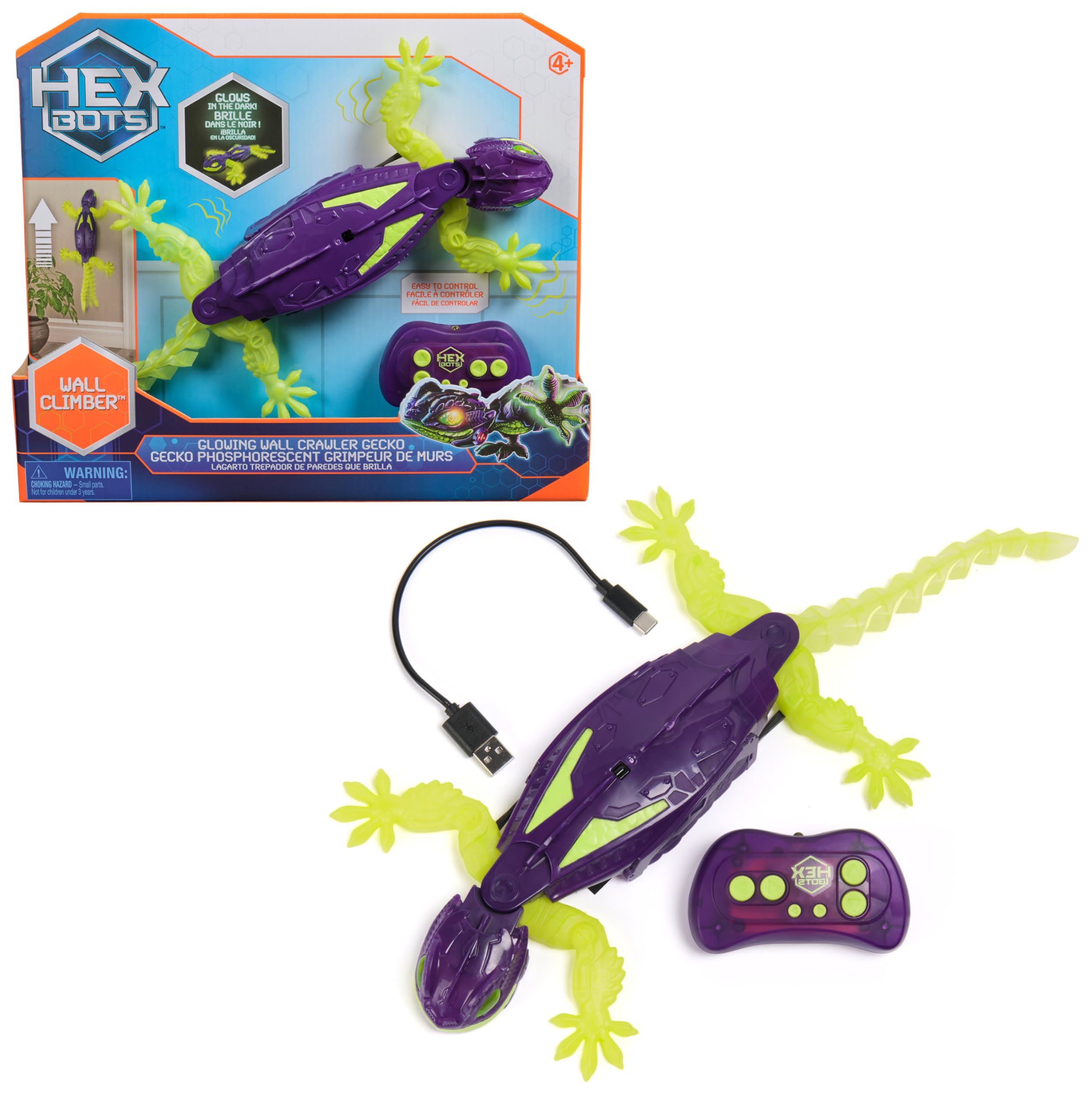Hex Bots – Wandflitzer Gecko Glow-in-the Dark, RC-Gecko mit LED-Augen & Glow-in-the-Dark-Beinen, das ferngesteuerte Tier klettert an Wänden & Decken, inkl. Fernbedienung, für Kinder ab 4 Jahren