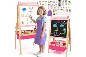BAYSING Wooden Easel for Kids, All-in-ONE Adjustable Easel with Art Supplies, Magnetic Double Sided Whiteboard & Chalkboard, Ideal Christmas, Birthday Gift for Boys & Girls Age 3, 4, 5, 6, 7, 8+ Years Old