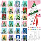 Blosssound 24 Pack Christmas Tree Pre Drawn Canvas to Paint, 5 x 7 '' | Pre Printed Painting Canvas for Adults Beginner, with Easel, Paint Pots and Brushes, Sip and Paint Party Bulk, Xmas Art DIY