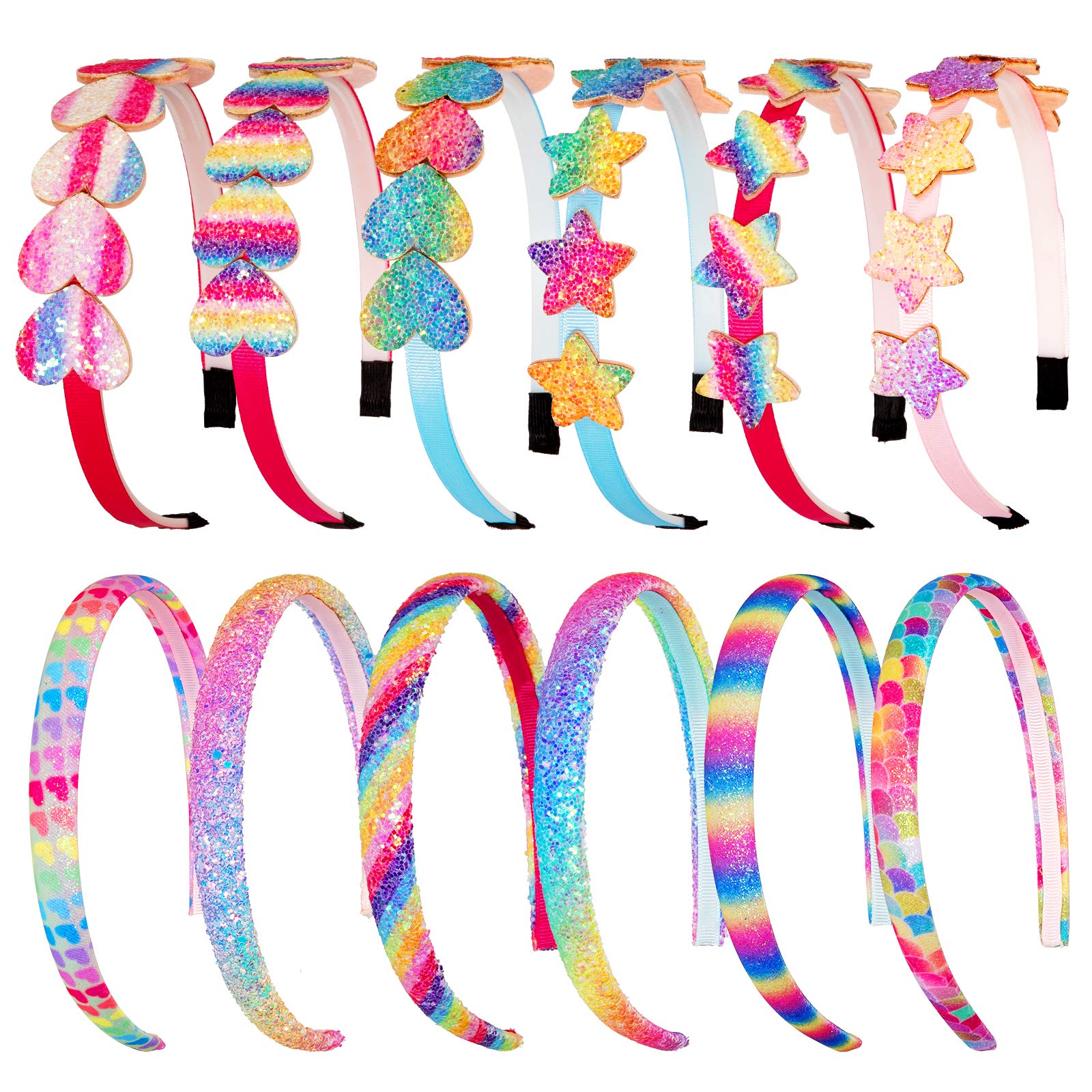 Whaline 12Pack Rainbow Headbands With Glitter Heart, Star, and Pink Sequin Prints for Girls' Hair Accessories