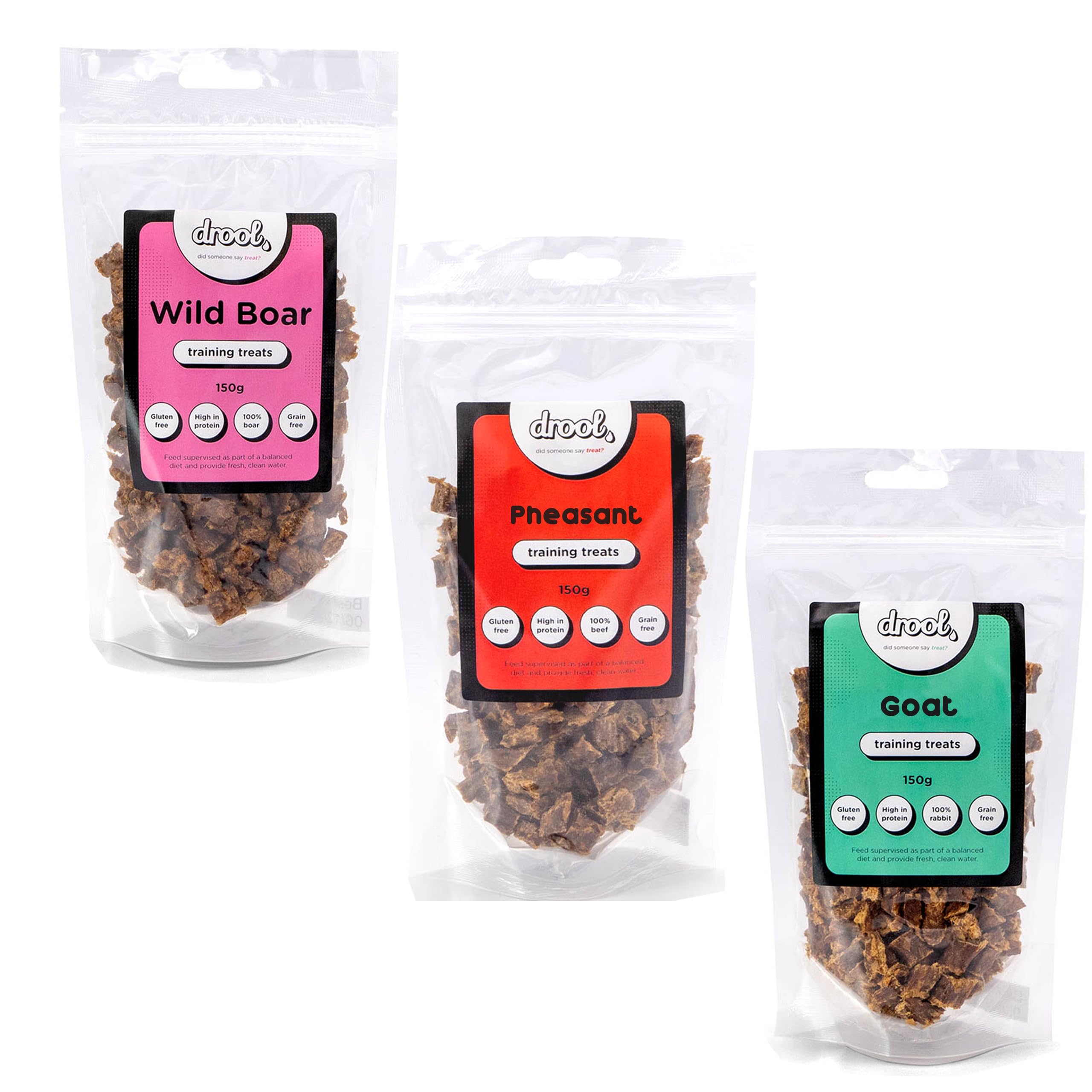 Drool Pet Products Natural Air Dried Dog Treats | Pheasant, Wild Boar & Goat | Grain Free Healthy Training Chews for Dogs | 3 x 150g