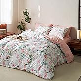 Wake In Cloud - Floral Comforter Set, Cottagecore Aesthetic Botanical Flower and Tree Leaves, Soft Lightweight Bedding for Women Teen Girls, 3 Pieces, Pink Green, Twin/Twin XL Size
