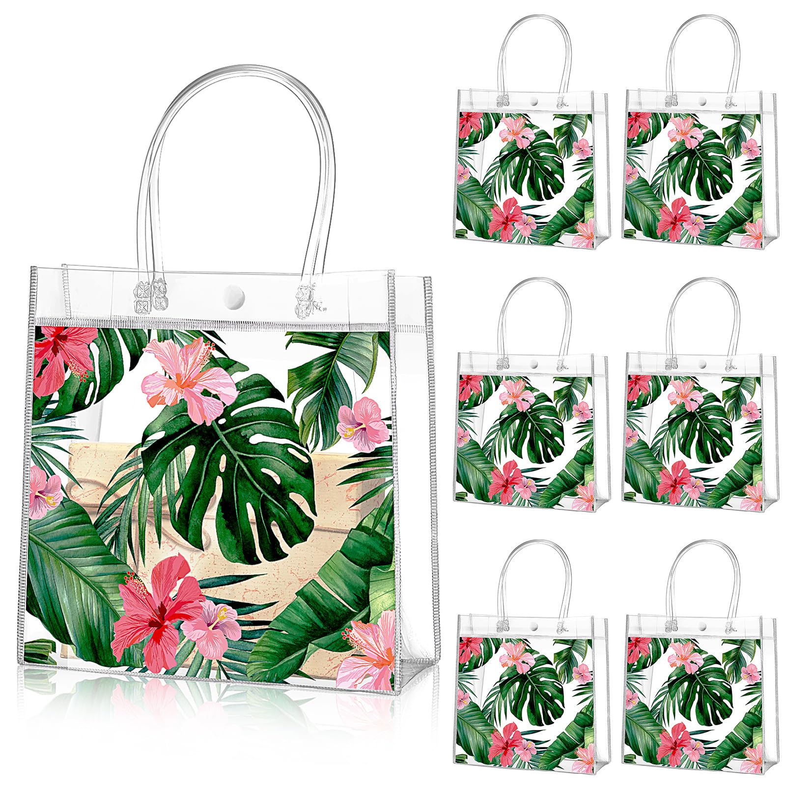 Photo 1 of Aliceset 20 Pcs Clear Aloha Bags Hawaiian Luau Party Favors with Handles Summer Tropical Palm Leaves Goodie PVC Plastic Gift Bags for Summer Birthday Party Supplies, 8 x 8 x 3.15 Inch