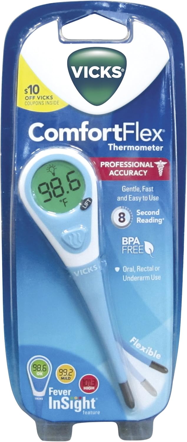 Vicks ComfortFlex Digital Thermometer 1 ea Digital Thermometer for Kids or Adults, for Rectal, Oral or Underarm Use, Color Coded Digital Display Indicates Fever: Health & Personal Care