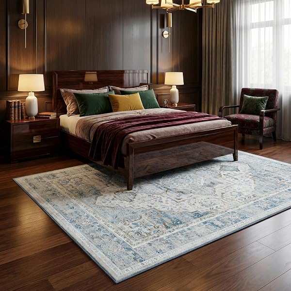 5X7 WASHABLE VINTAGE AREA RUG – DISTRESSED LIVING ROOM RUG NON-SLIP SOFT INDOOR CARPET STAIN RESISTANT FLOOR RUG FOR BEDROOM PLAYROOM DINING ROOM OFFICE, BLUE