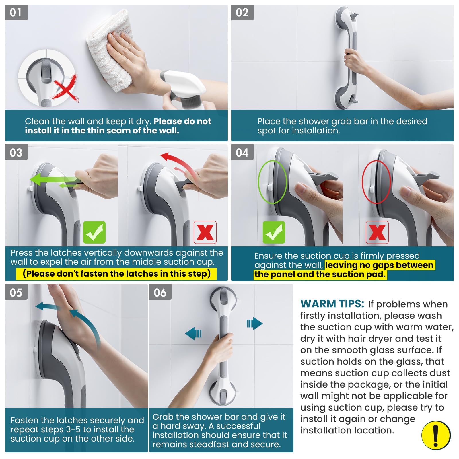 TAILI Grab Bars for Bathtubs and Showers 2 Pack Suction Grab Bar, Heavy Duty Shower Handle Removable Bath Handrails for Seniors and Elderly, Bathroom Safety Grip No Drilling Waterproof,Grey
