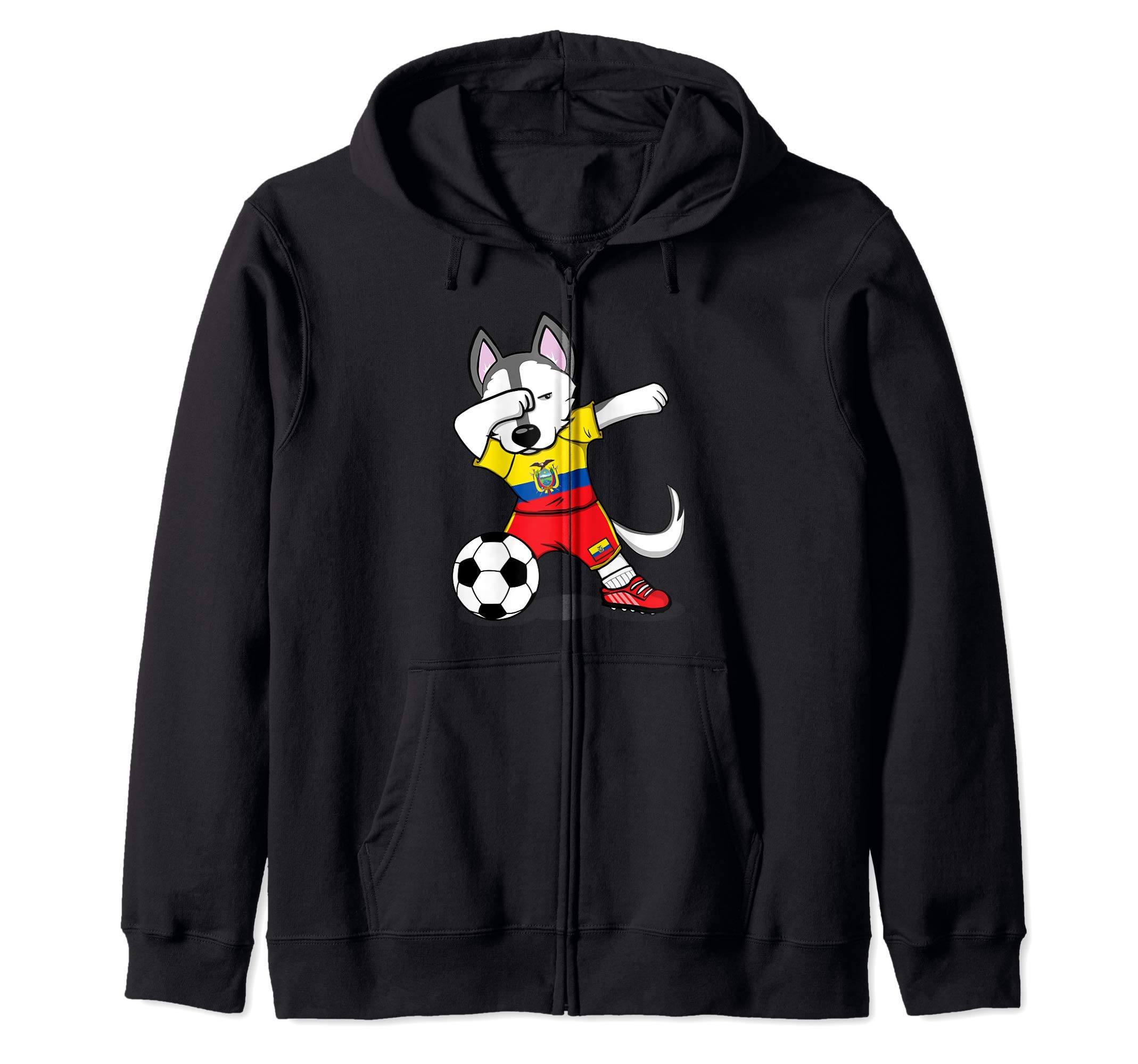 Dabbing Husky Dog Ecuador Football - Ecuadorian Flag Soccer Zip Hoodie
