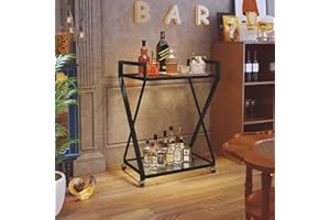 HOLTICO Glass Bar Cart, Double-Layer Rolling Bar Cart, Home Bar Serving Cart, Glass Bar Cart for Home Wine Cart for Kitchen, Dining Room Black