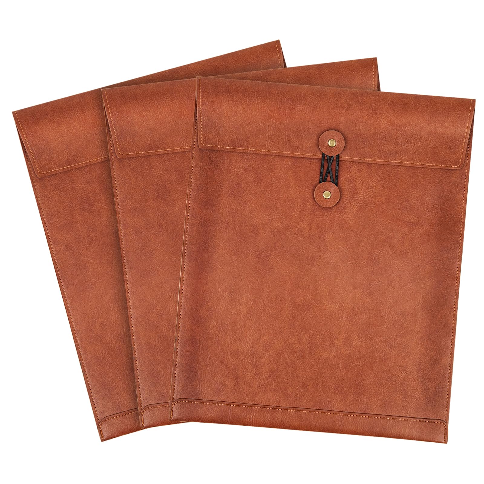 QiXin Brown PU Leather File Folders for Documents,Important Private File Organizer with String Tie Closure,Laptop Sleeve Notebook Case,Leather Portfolio Binder Envelopes,Letter Size Filing Folder 3PCS
