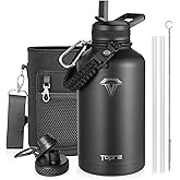 Topre 64oz Insulated Water Bottle,Half Gallon Water Flask Stainless Steel Vacuum, Cold for 48 Hrs,BPA-Free & Leakproof -with Paracord Handle,Strap,Straw Spout Lids,Large Jug for Gym Sports,Black