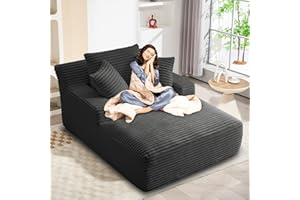 GOHFOY Oversized Chaise Lounge Chair Indoor, 50'' Comfy Corduroy Couch, Upholstered Sleeper Sofa Couch with 3 Pillows, Boneless Chair, Recliner Reading Chairs Fluffy Cloud Couches(Black)