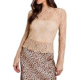 Sheer Mesh Long Sleeve Layering Top for Women Mock Neck Floral Lace Tshirt See Through Shirt Blouse Undershirt