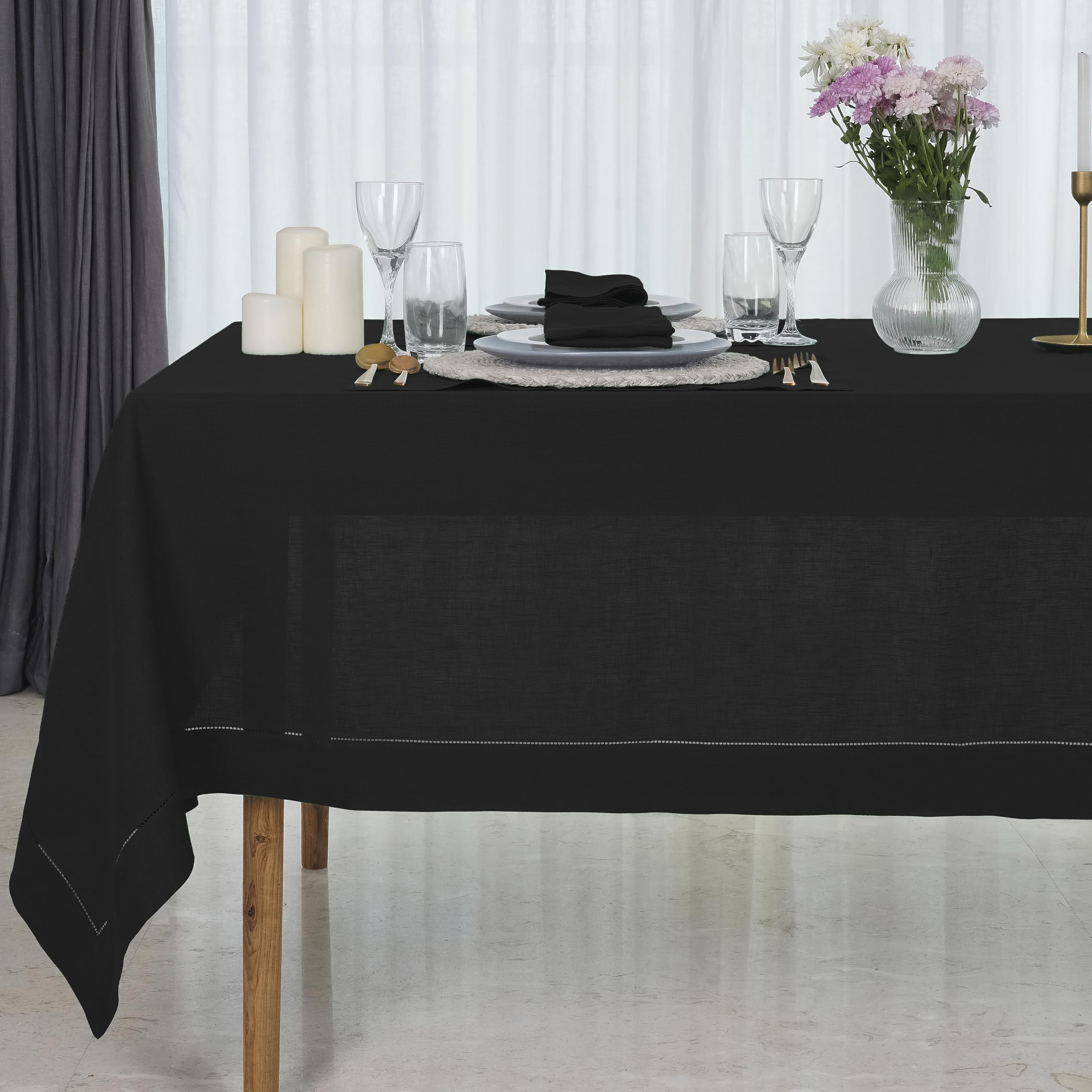 D'Moksha Homes Black Linen Tablecloth 153 x 275 CM - 100% Pure Linen Black Table Cloth for Rectangle Tables - Classic Hemstitch, Machine Washable Tablecloth for Dining, Spring