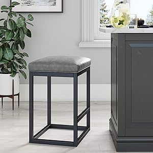 Nathan James 22101 Nelson Bar Stool with Leather Cushion and Metal Base, 24", Gray/Black