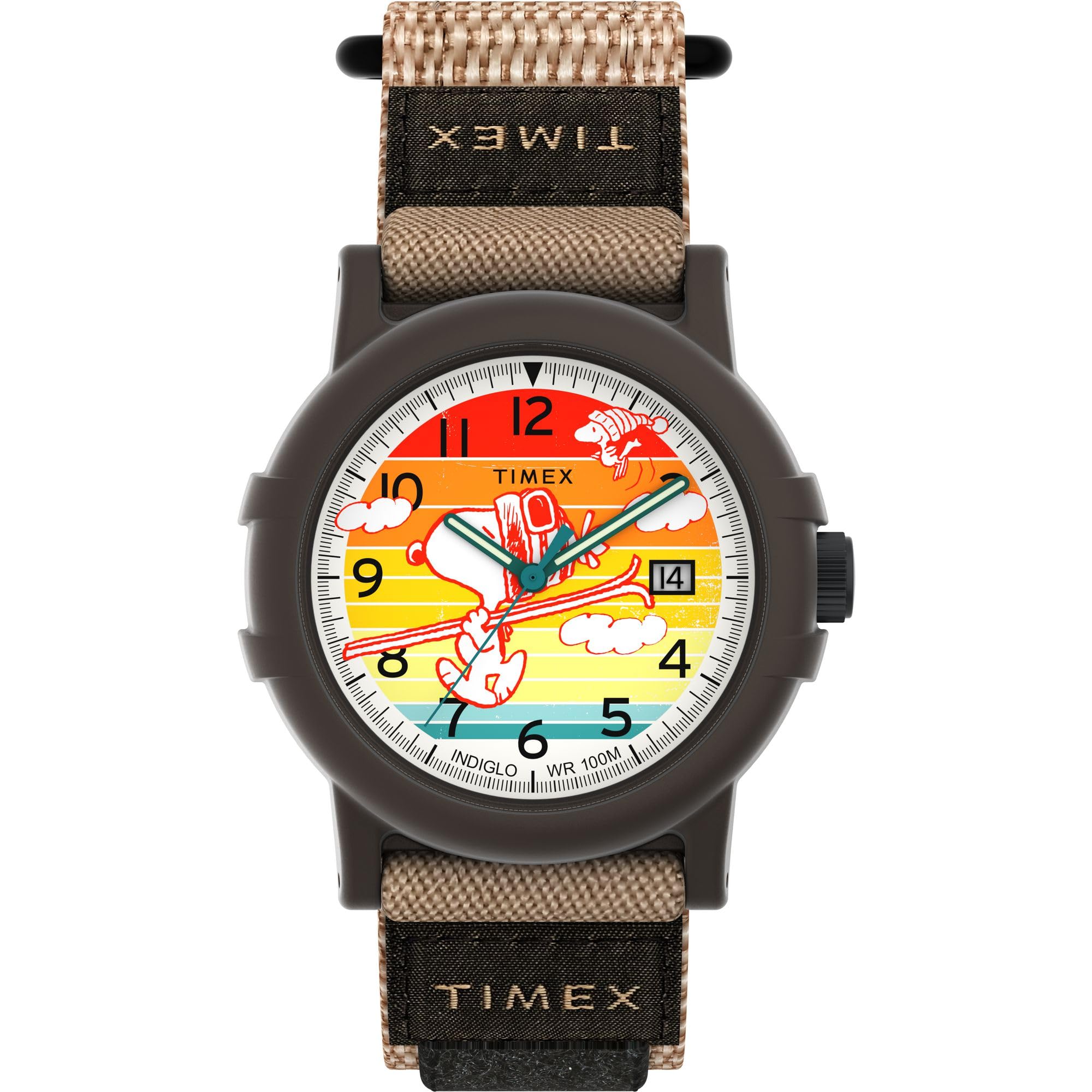 Reloj Timex Peanuts Camper para hombre de 38 mm - Caja negra con esfera roja y cierre rápido marrón