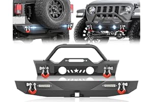 YZONA for Wrangler JK Front and Rear Bumpers Compatible with 2007-2018 Jeep Wrangler JK JKU Unlimited 2/4 Doors with Winch Plate, Bull Bar, LED Lights, OE Fog Light Holes, 2" Hitch Receiver & D-rings