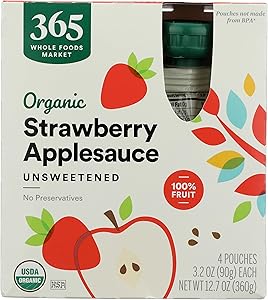 365 by Whole Foods Market, Organic Strawberry Applesauce Pouches, Unsweetened, 3.2 Ounce (Pack of 4)