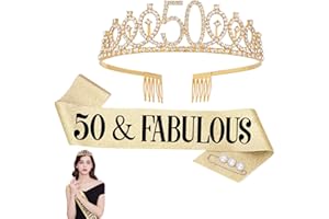 AhlsenL 50 and Fabulous Sash & Rhinestone Tiara Set for 50th Women Birthday Party Supplies, Favors and Decorations Gold