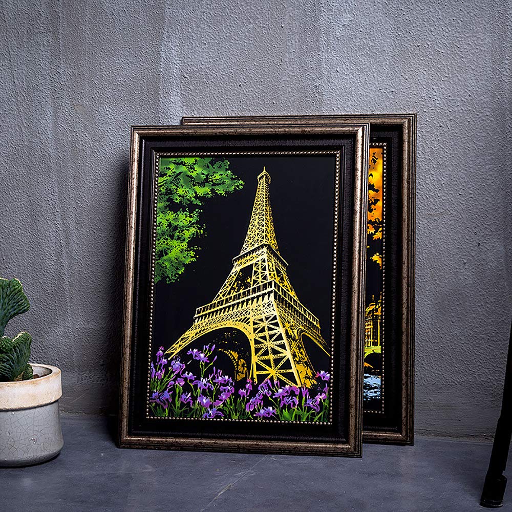 Scratch Painting Kits for Adults & Teens, Craft Art Set, Rainbow Scratch Art Painting Paper, Sketch DIY Night View Scratchboard, 16'' x 11.2'' Creative Gift with 3 Tools kit (Eiffel Tower/Big Ben)