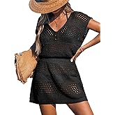 CUPSHE Women Crochet Swimsuit Cover Ups Hollow Out Short Sleeve Beach Coverup Dress