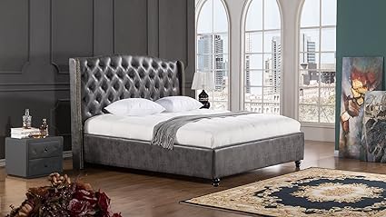 American Eagle Furniture B D062 Dg Q Drake Collection Full Leather Air Fabric Bedroom Bed With Tufted Headboard Queen Dark Gray